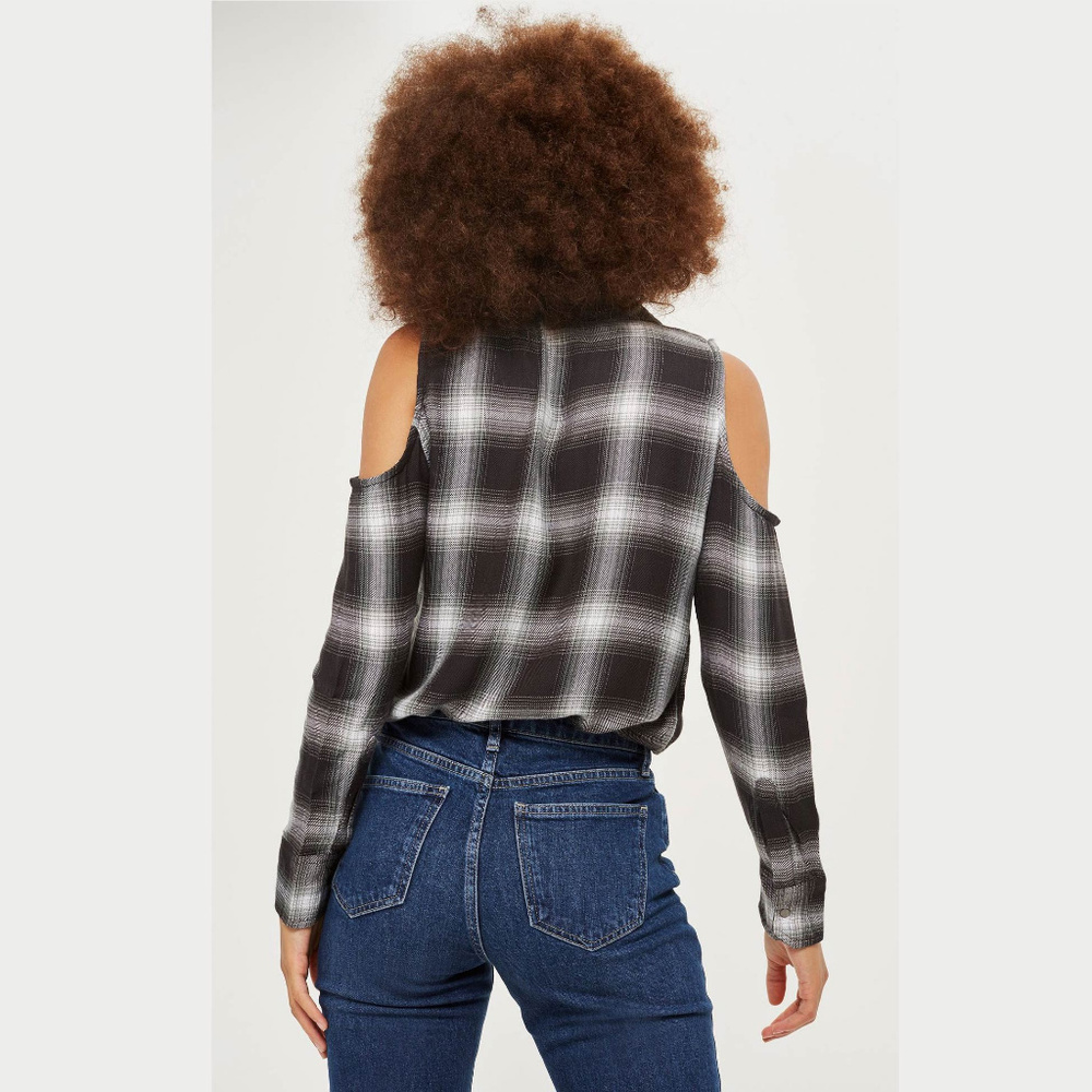 Topshop Check Cold Shoulder Shirt - Picture 3 of 8